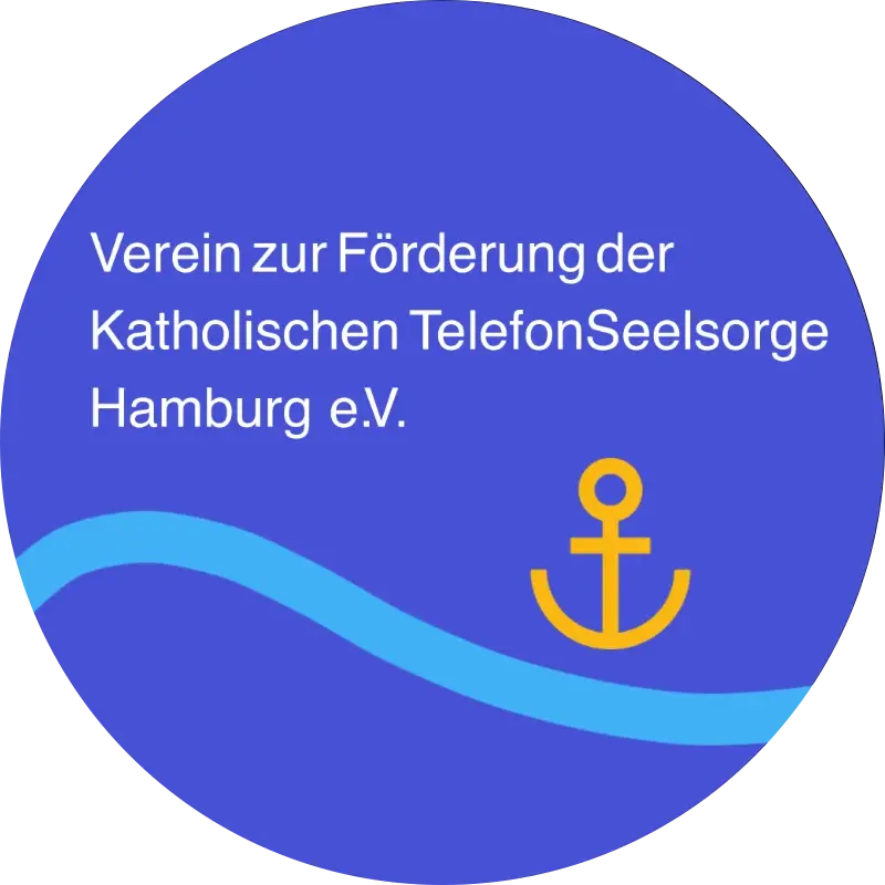 Das Bild zeigt auf blauem Hintergrund einen gelben Anker. Darunter eine blaue und geschwungene Linie. Das könnte die Elbe sein. Text: "Verein zur Förderung der katholischen Telefonseelsorge Hamburg e.V.".