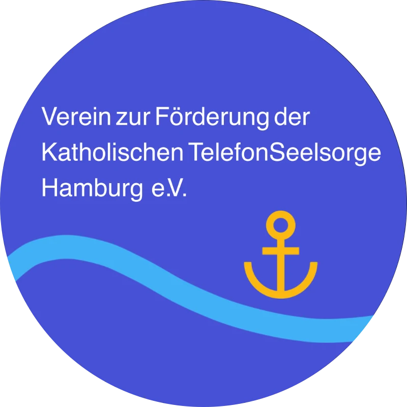 Das Bild zeigt auf blauem Hintergrund einen gelben Anker. Darunter eine blaue und geschwungene Linie. Das könnte die Elbe sein. Text: "Verein zur Förderung der katholischen Telefonseelsorge Hamburg e.V.".
